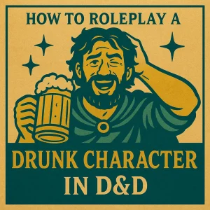 A stylized fantasy illustration in a vintage Dungeons & Dragons style showing a lively tavern scene. A slightly drunk character sits at a wooden table with a half-empty tankard, surrounded by laughing companions. Warm lantern light glows against parchment-colored walls with teal shadows, evoking the look of an old ink print.