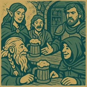 A stylized vintage fantasy illustration showing a group of adventurers talking with a friendly NPC in a warm tavern or market setting. The scene uses a parchment beige and deep teal color palette with engraved-style line art, creating an old tabletop RPG manual aesthetic that emphasizes storytelling and connection.