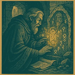 A vintage fantasy-style illustration of a scholar studying an ancient statue carved with glowing runes inside a crumbling ruin, rendered in parchment beige and deep teal with gold highlights. History check