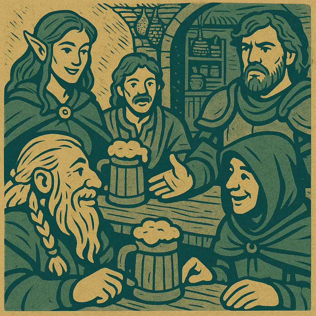 2025.10.23 – Featured Image A stylized vintage fantasy illustration showing a group of adventurers talking with a friendly NPC in a warm tavern or market setting. The scene uses a parchment beige and deep teal color palette with engraved-style line art, creating an old tabletop RPG manual aesthetic that emphasizes storytelling and connection.
