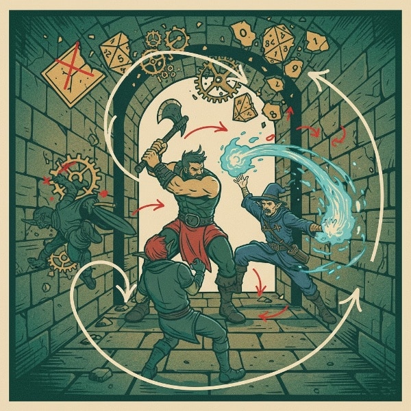 A dynamic, action-packed illustration in a dungeon setting, showing a barbarian, a wizard, and a rogue in combat. White circular arrows trace a flowing, non-linear path around the characters, representing smooth D&D Combat Flow without strict turns. Above, cracked dice and gears shatter and fall, symbolizing the breaking of rigid initiative rules. The art style is bold, with a vintage, woodcut feel.