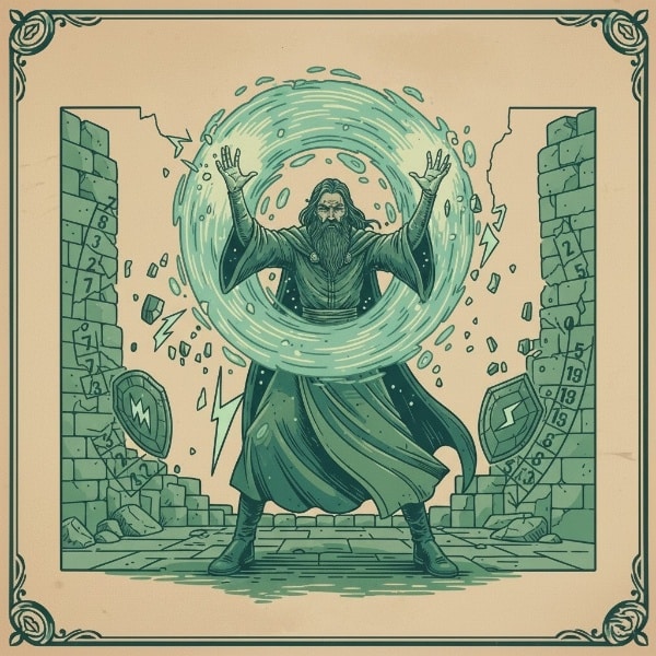 A powerful, determined wizard character stands over a shattered grid or chart representing D&D spell slots. In their outstretched hands, a brilliant, organic force of magical energy—not contained by any fixed shape—is forming. The image represents streamlined D&D Spellcasting and the rejection of mathematical rules, rendered in a vintage, bold, two-tone woodcut style.