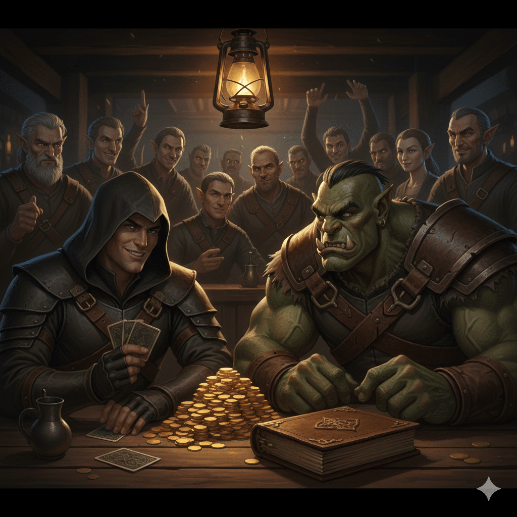 A dramatic fantasy illustration of a high-stakes wager in a dimly lit tavern. A hooded Human Rogue with a confident smirk sits across a wooden table from a muscular, suspicious Half-Orc. Piles of gold coins and a large ledger sit between them. In the background, a mixed crowd of various townfolk and fantasy races watches the intense card game with curiosity under the glow of a single hanging oil lantern.