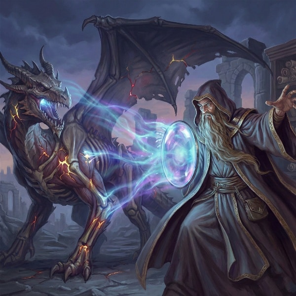 A wizard casts the D&D homebrew spell Fatal Insight, holding a crystal lens that projects a beam of blue light onto a dragon, revealing the glowing skeletal weak points beneath its scales.