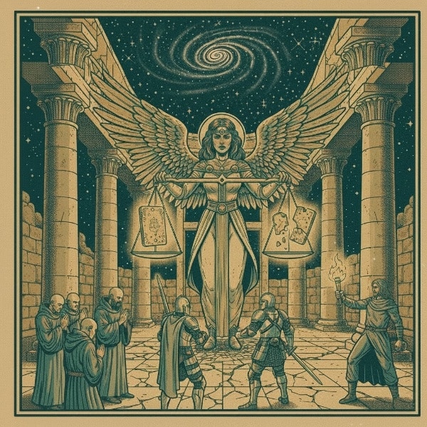 Worldbuilding faith system illustration in retro comic style, showing a massive winged statue of justice holding scales, set inside a crumbling temple. Monks kneel on the left while two armored knights stand ready to fight on the right. The scales hold a complete tablet versus a broken tablet, symbolizing the fracture of faith and the tension within a religious system.