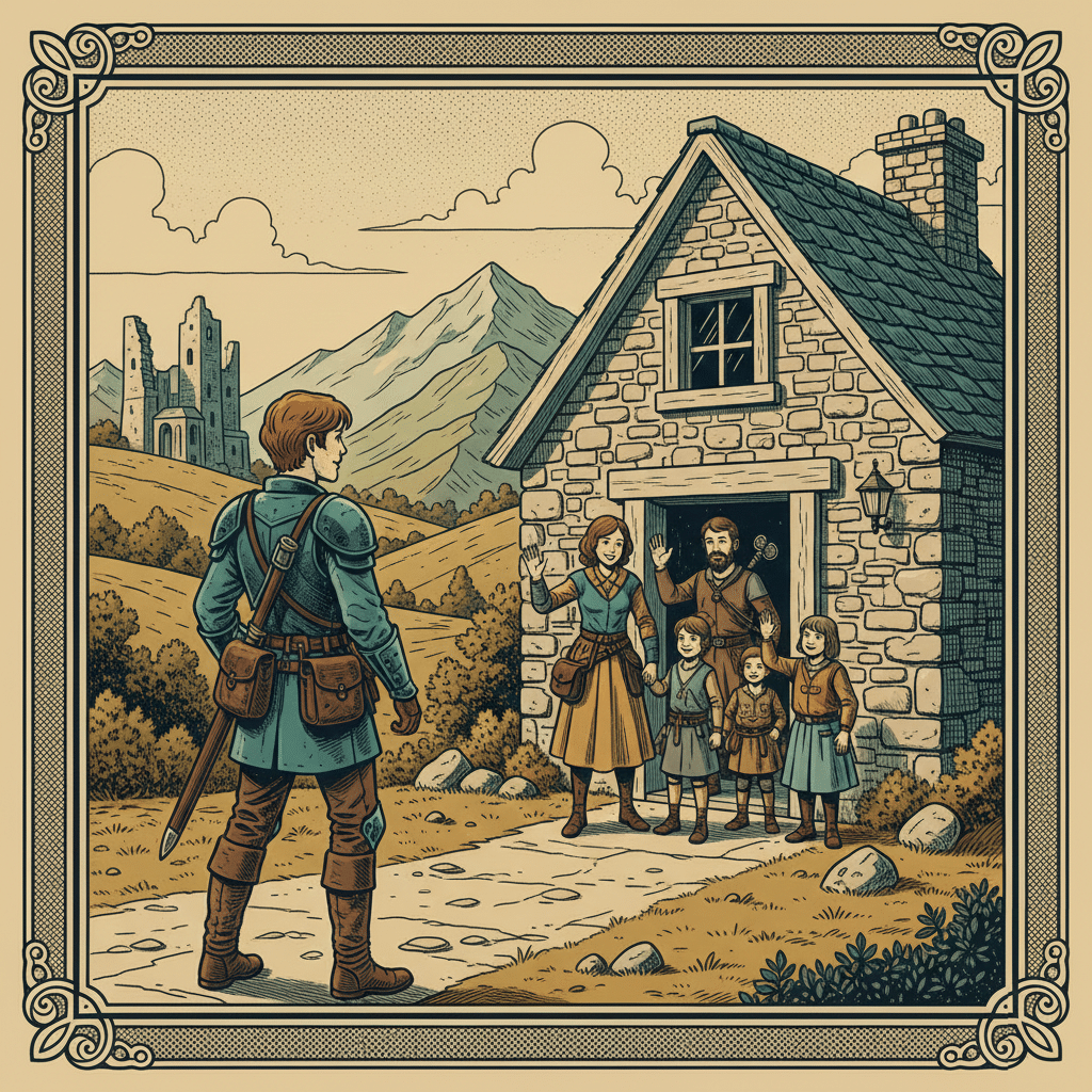 A retro fantasy comic book illustration in an engraving style, providing DnD backstory ideas with living families. The scene features a detailed character departing from a cozy, well-lit home, using a limited four-color palette of tan, deep teal, earthy mustard, and dark outlines with intricate crosshatching. In the foreground, a supportive family stands in the doorway of a rustic stone cottage, waving farewell to an adventurer who looks back with determination and affection. The composition is framed by an ornate parchment-colored border, emphasizing the theme of a hero beginning their journey with the blessing of a living family.