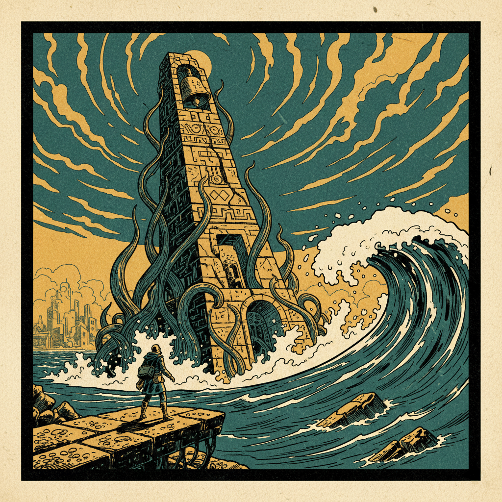 A retro fantasy illustrated scene titled Building Fallen Empires, depicting a lone traveler on a stone pier looking across a surging sea at a monolithic sunken bell tower. The tower is entwined with giant tentacles as a massive wave crashes against its base, embodying the theme of building fallen empires through ancient ruins and lost maritime history.