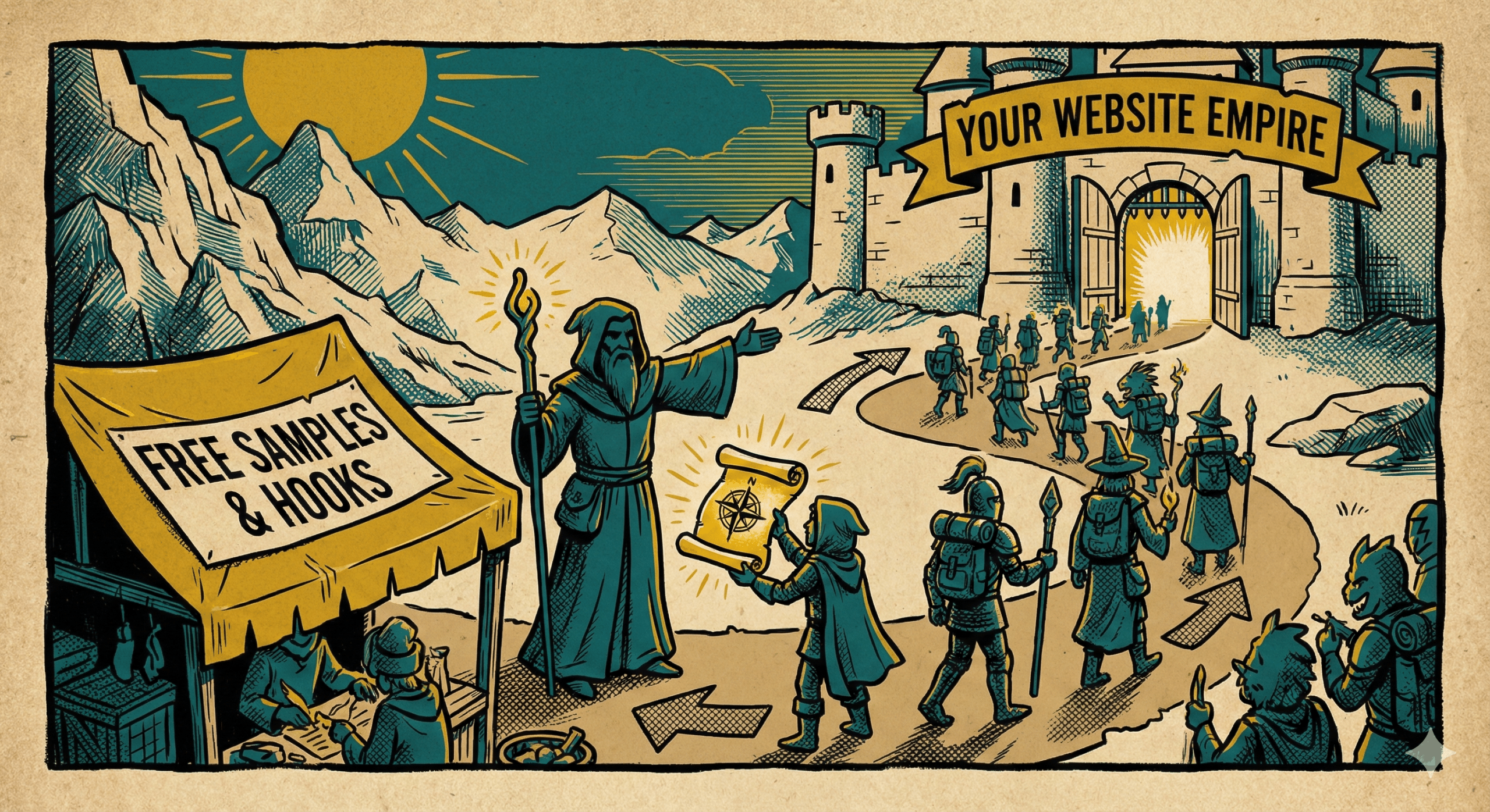 A screen-print style illustration in deep teal, mustard yellow, and parchment colors showing a wizard handing a scroll to a traveler. In the background, a line of fantasy characters follows a path toward a massive stone gateway labeled Your Website Empire. The art features thick black outlines and heavy cross-hatching. Shard tabletop marketplace